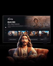 a cartoon of jesus is holding a remote control in front of a television screen that says david