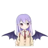 a girl with purple hair and bat wings wears a sweater and tie