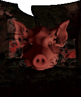 a pig 's head with a speech bubble behind it