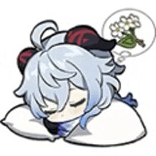 a cartoon girl is sleeping on a pillow with her eyes closed and a flower in her head .