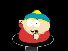 a cartoon character from south park is holding a microphone in his hand