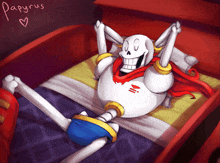 a drawing of papyrus laying in a bed with the name papyrus written on the wall