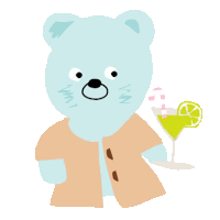 a blue teddy bear holding a martini with a straw