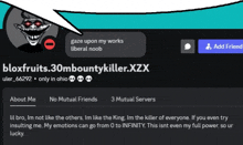 bloxfruits.30mbountykiller.zzx is a username on a social media page