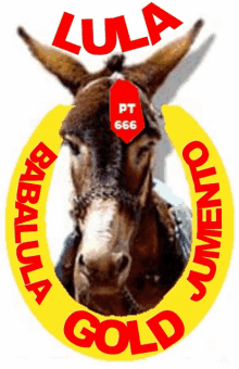 a donkey with a red sticker on its head that says lula 666