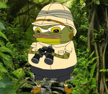 a cartoon of a frog wearing a hat and holding binoculars