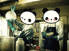 two panda bears are working in a lab and one bear is holding a beaker that says kolumbia