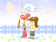 a drawing of a girl and a skeleton holding an umbrella