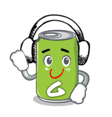 a cartoon drawing of a green soda can wearing headphones and a sad face