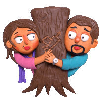 a cartoon of a man and a woman hugging a tree trunk