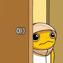 a cartoon of a yellow lizard wearing a white hoodie behind a door