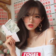 a woman wearing glasses and a shirt that says ' togel ' on it holds a bunch of money