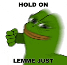 a picture of a frog with the words hold on lemme just on it