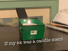 a green dumpster with a candle inside and the words if my ex was a candle scent below it