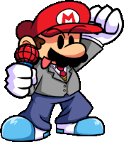 a cartoon drawing of mario in a suit and tie holding a microphone