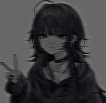 a girl with long black hair is giving a peace sign .