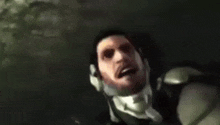 a man in a military uniform is making a funny face with his mouth open in a video game .