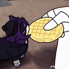 a cartoon drawing of a person giving a waffle to another person