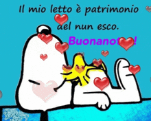 a cartoon of snoopy laying on a bed with hearts surrounding him