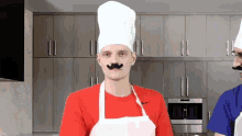 a man wearing a chef hat and apron with a fake mustache