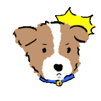 a brown and white dog with a blue collar and a yellow crown on its head