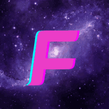 a pink letter f in front of a galaxy background