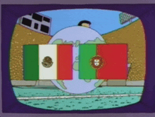 a cartoon of a man holding a globe with flags on it