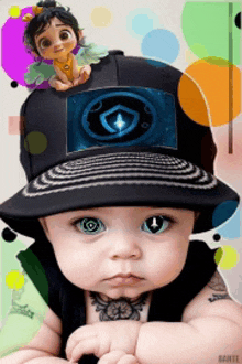 a baby wearing a hat with a picture of a baby on top of it