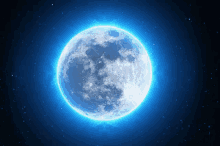 a blue full moon is surrounded by stars in the night sky