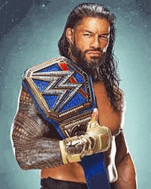 roman reigns is a wwe world heavyweight champion holding a blue belt .