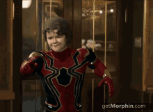 a picture of a person in a spiderman costume with the website getmorphin.com in the lower right corner