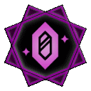 a purple and black emblem with a purple diamond in the center .