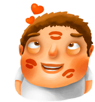 a cartoon drawing of a man with red kisses on his face