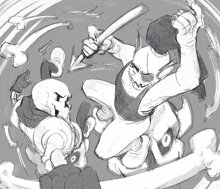 a drawing of two skeletons fighting with a sword