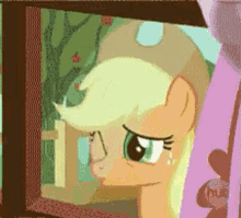 a cartoon of a pony looking out a window