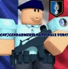 a lego police officer is holding a gun in front of a french flag .