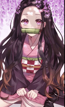 a girl with purple flowers in her hair is wearing a pink kimono