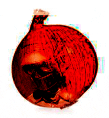 a red onion with a man wearing a gas mask