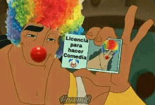 a cartoon clown with a red nose is holding a card that says licencia para hacer comedia