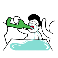 a cartoon of a man drinking from a bottle while laying in a bathtub .