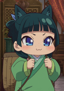 a cartoon girl with cat ears and a green outfit