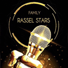 a poster for family rassel stars shows a gold microphone on a black background