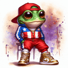 a frog wearing a red white and blue track suit and gold nike shoes