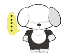 a black and white cartoon dog with a speech bubble