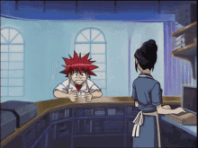 a boy with red hair is talking to a woman