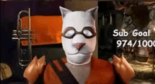 a cat wearing a mask and glasses is playing a trumpet in a video game .