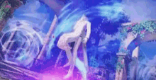 a person is standing in front of a blue and purple background in a video game scene .