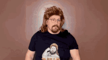 a man with a mullet and glasses is wearing a shirt that says " bill "