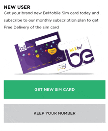 a purple and white bemobile sim card with a green button to get a new sim card