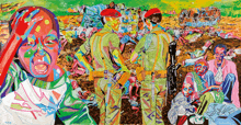 a colorful painting of soldiers and a child with the year 1994 on the bottom